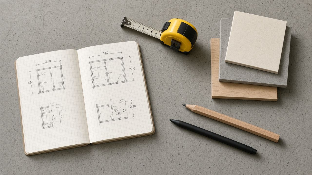 Caderno quadriculado com croquis de medidas, trena amarela, amostras de piso e lápis sobre bancada de concreto, vistos de cima